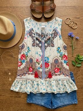 Bila Floral Paisley Boho Sleeveless Ruffle Blouse